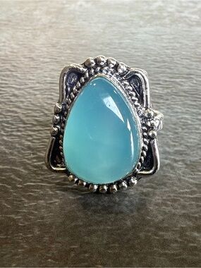 Boho Vintage Silver 925 Ring Size 7.5 Women Jewelry Blue Chalcedony Gemstone
